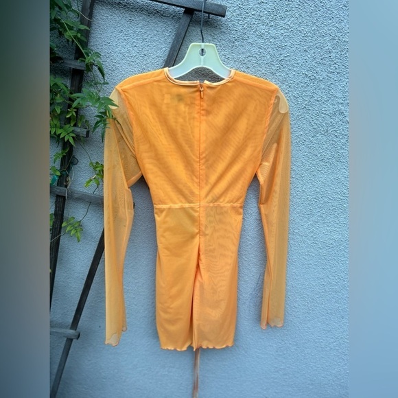 House Of CB 'Jeanelle' Orange Ruched Mesh Long Sleeve Cutout Mini Dress - Picture 6 of 6